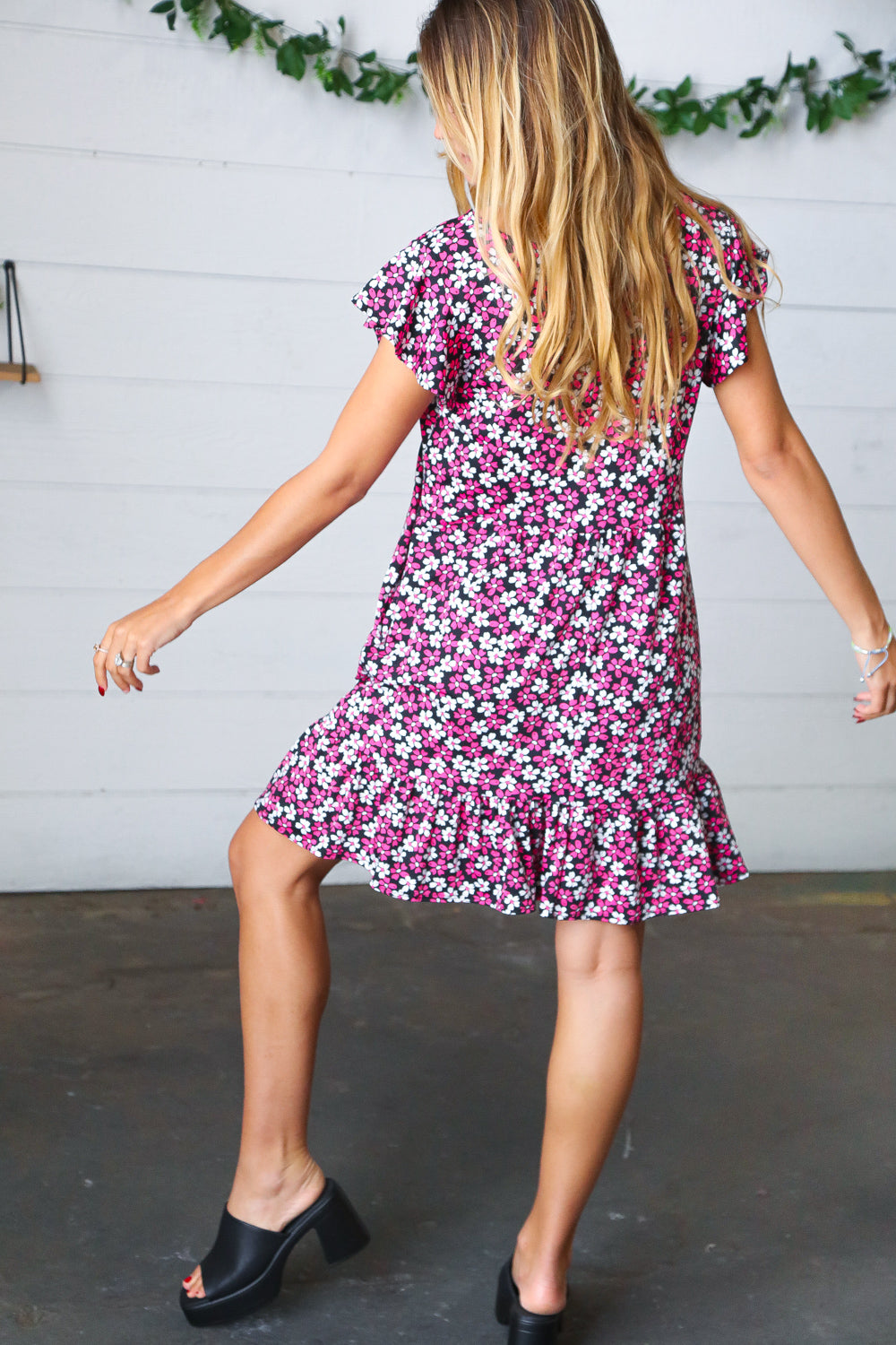 Black Multicolor Floral Babydoll Flutter Sleeve Midi Dress | Nikki &amp; Co. Boutique
