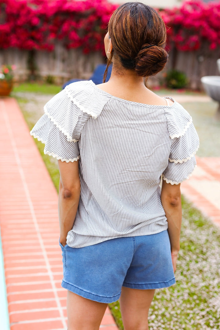 Lovely In Gray Stripe Tiered Ruffle Sleeve Ric Rac Trim Tops | Nikki &amp; Co. Boutique