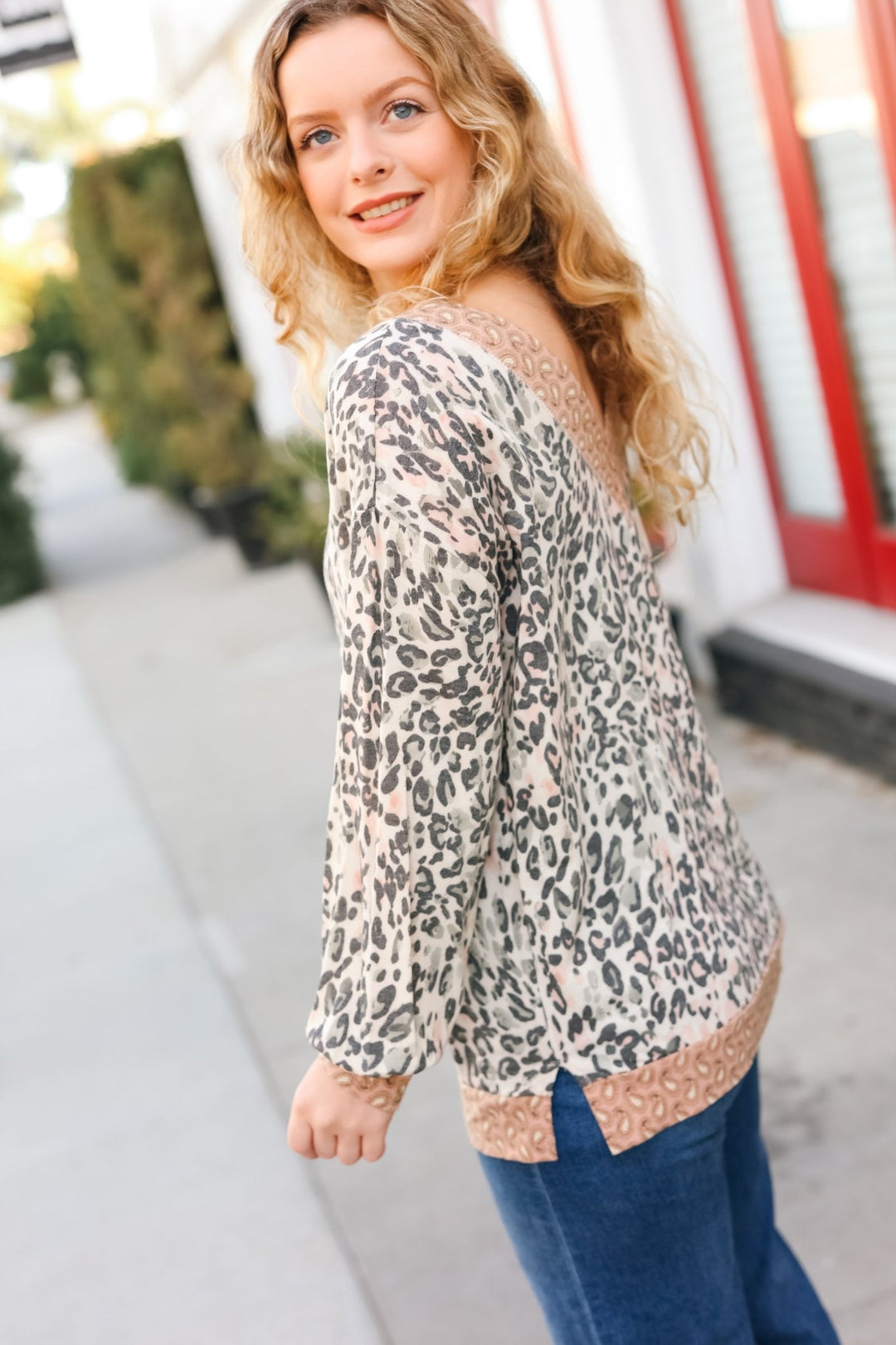 Cream Animal &amp; Paisley Print V-Neck French Terry Top - Nikki &amp; Co. Boutique