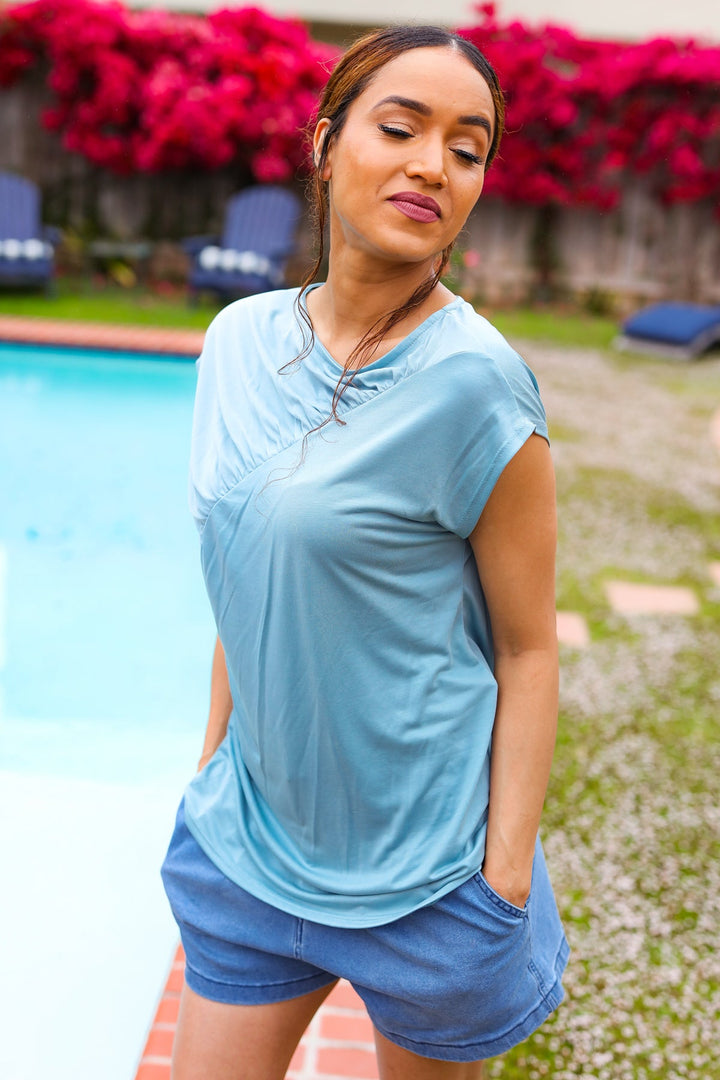 Charming in Aqua Asymmetrical Shirred Modal Top | Nikki &amp; Co. Boutique