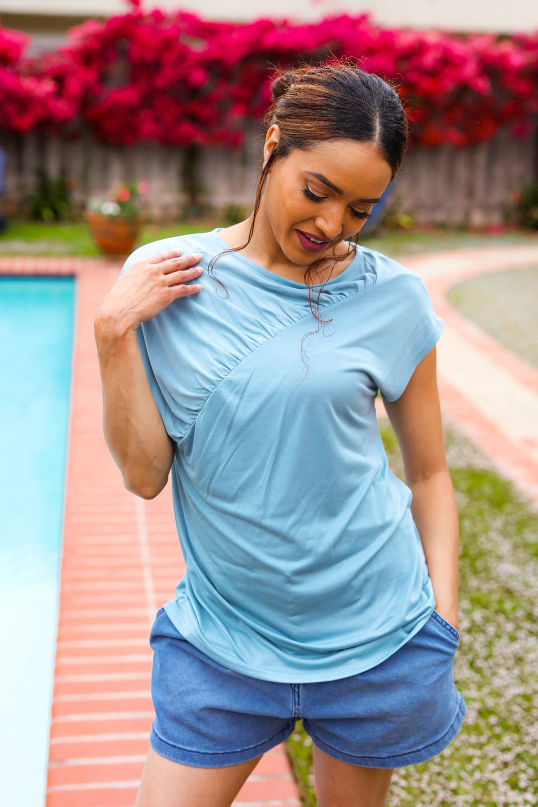 Charming in Aqua Asymmetrical Shirred Modal Top | Nikki &amp; Co. Boutique