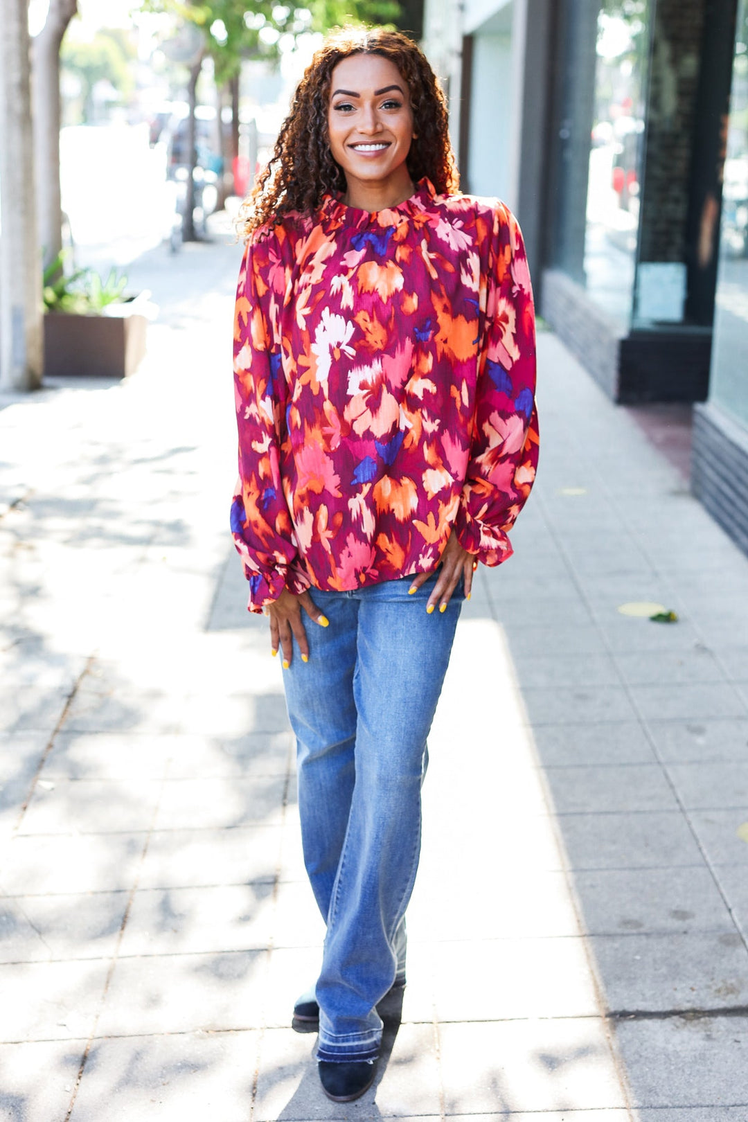 You Got This Wine Floral Print Print Frill Mock Neck Tops | Nikki &amp; Co. Boutique