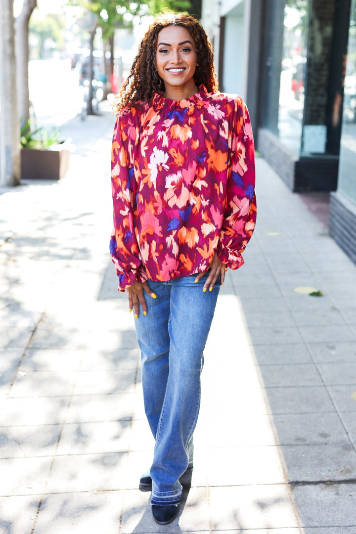You Got This Wine Floral Print Print Frill Mock Neck Tops | Nikki &amp; Co. Boutique