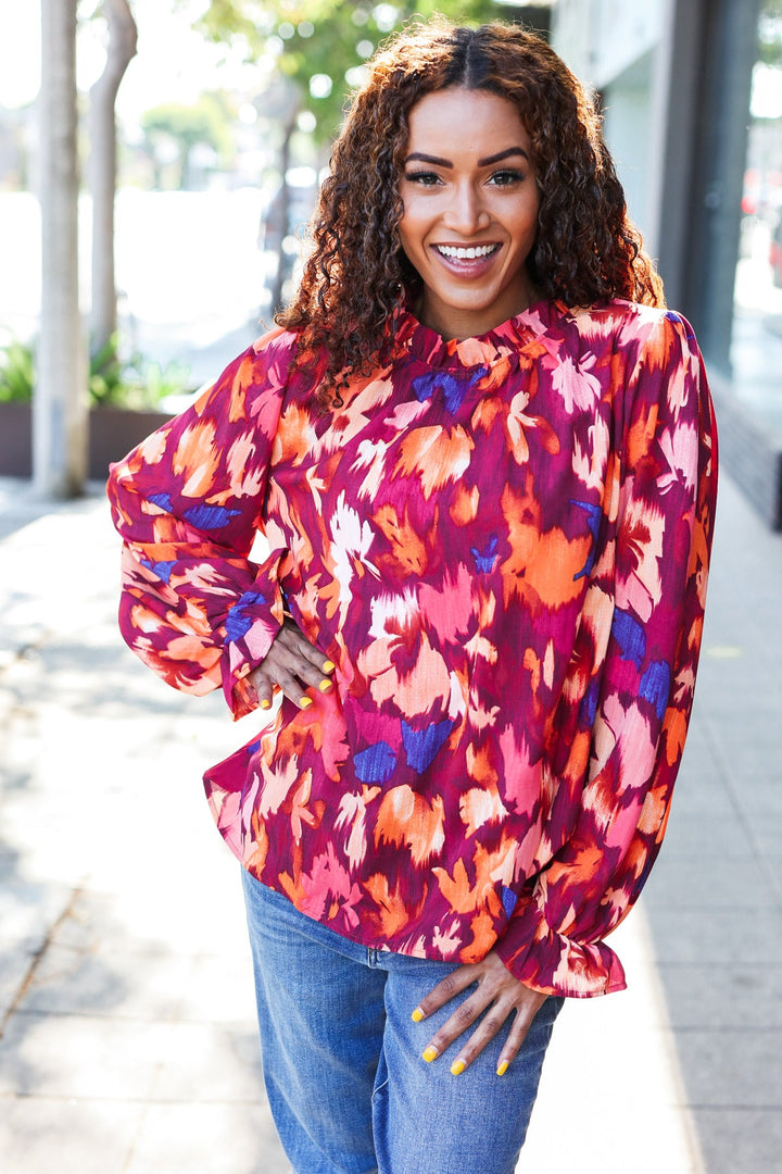 You Got This Wine Floral Print Print Frill Mock Neck Tops | Nikki &amp; Co. Boutique