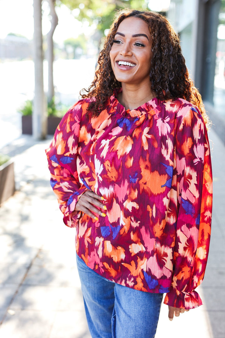 You Got This Wine Floral Print Print Frill Mock Neck Tops | Nikki &amp; Co. Boutique