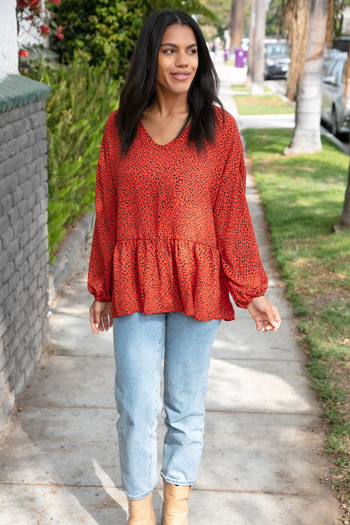 Rust Leopard Wool Dobby Woven Knit Tops | Nikki &amp; Co. Boutique