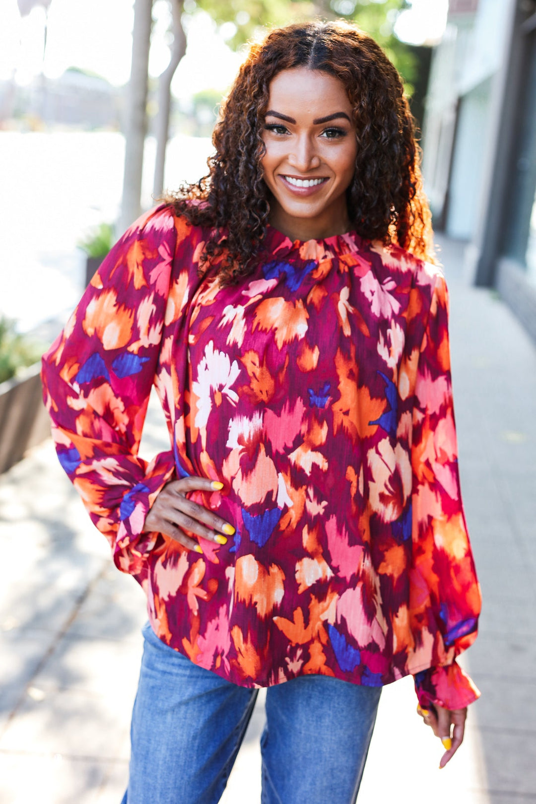 You Got This Wine Floral Print Print Frill Mock Neck Tops | Nikki &amp; Co. Boutique