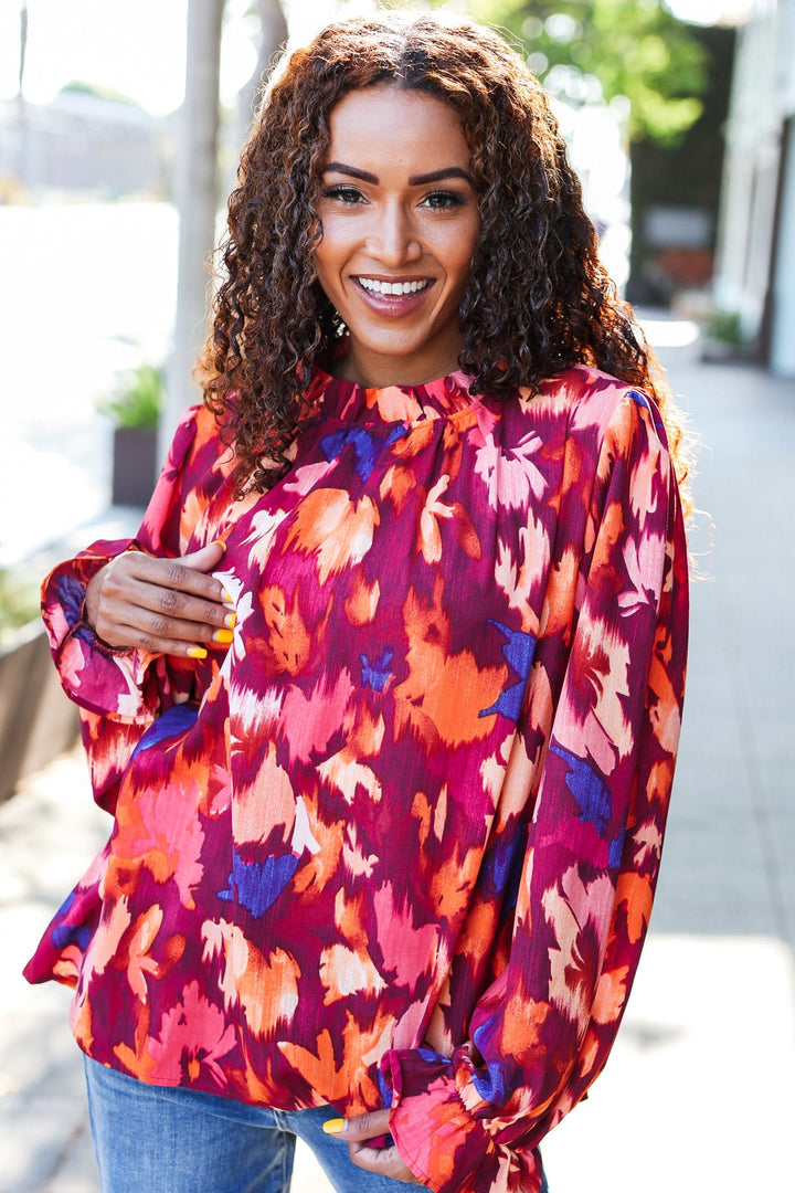 You Got This Wine Floral Print Print Frill Mock Neck Tops | Nikki &amp; Co. Boutique