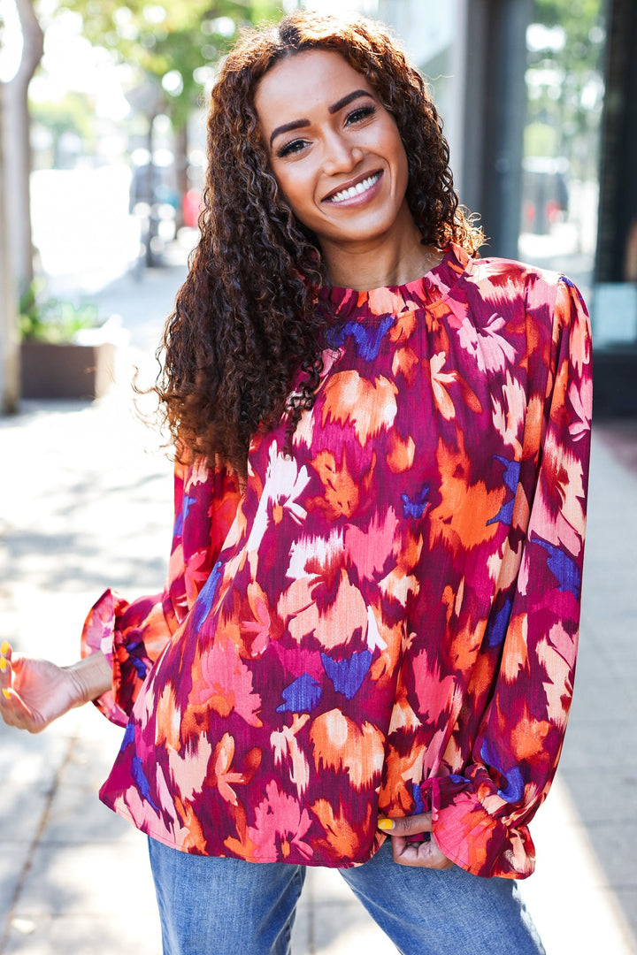 You Got This Wine Floral Print Print Frill Mock Neck Tops | Nikki &amp; Co. Boutique