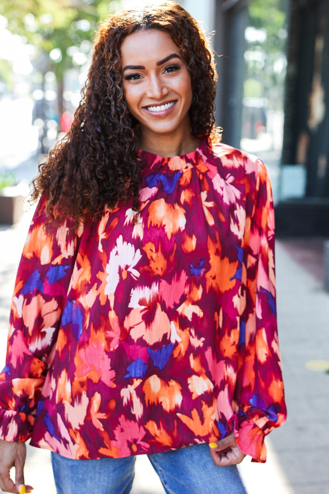 You Got This Wine Floral Print Print Frill Mock Neck Tops | Nikki &amp; Co. Boutique