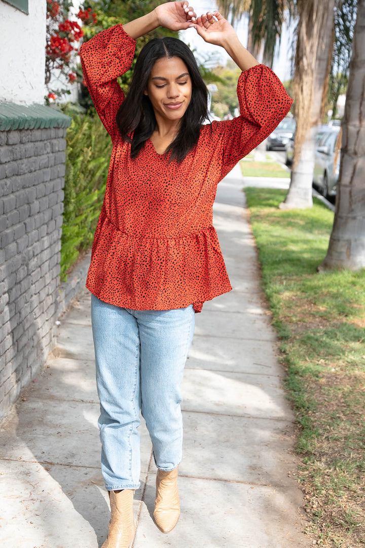 Rust Leopard Wool Dobby Woven Knit Tops | Nikki &amp; Co. Boutique