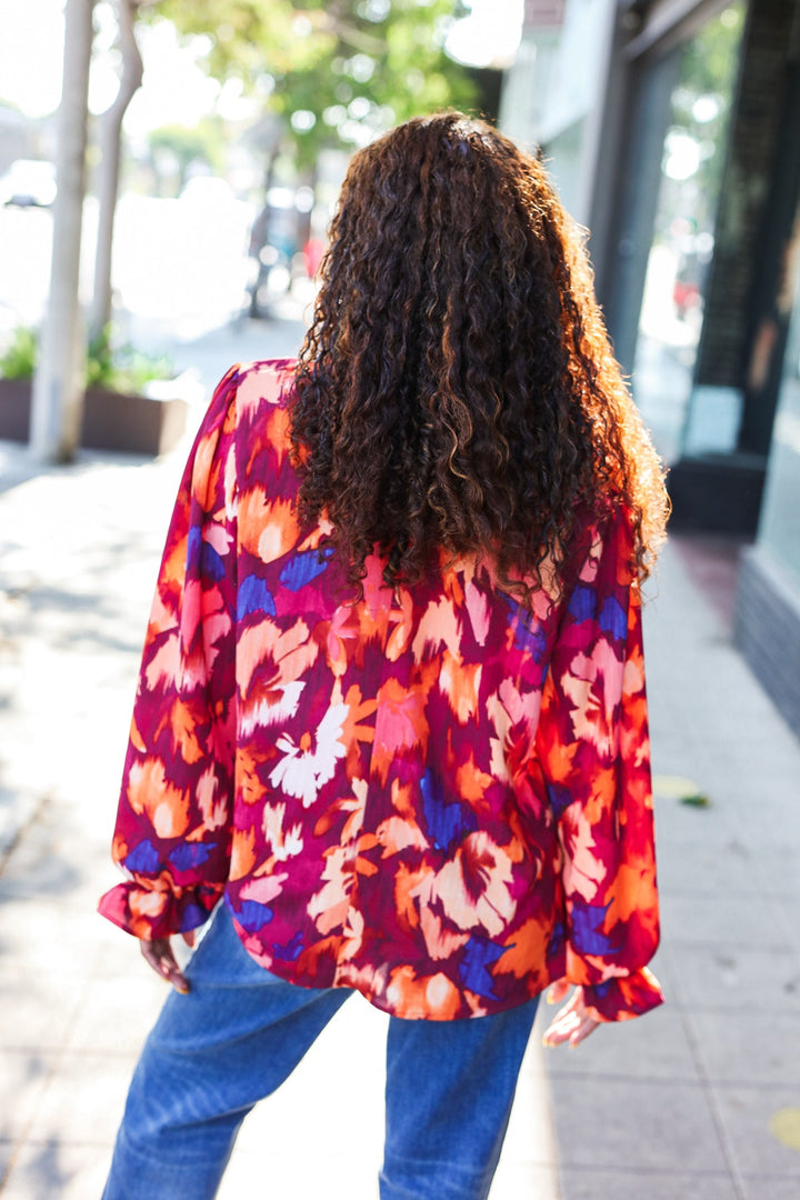 You Got This Wine Floral Print Print Frill Mock Neck Tops | Nikki &amp; Co. Boutique