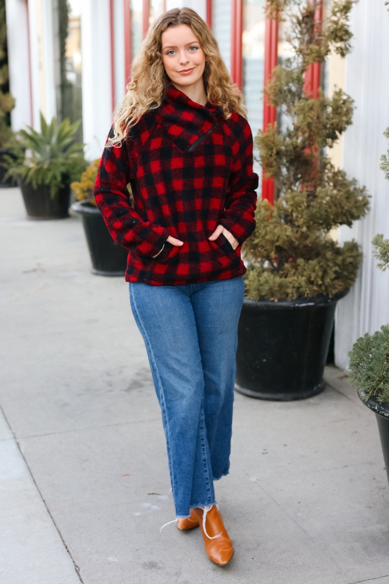 Cozy in Plaid Red Sherpa Sweater - Nikki and Co Boutique