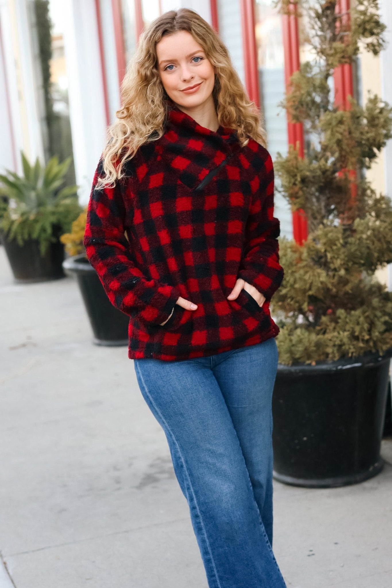 Cozy in Plaid Red Sherpa Sweater - Nikki and Co Boutique
