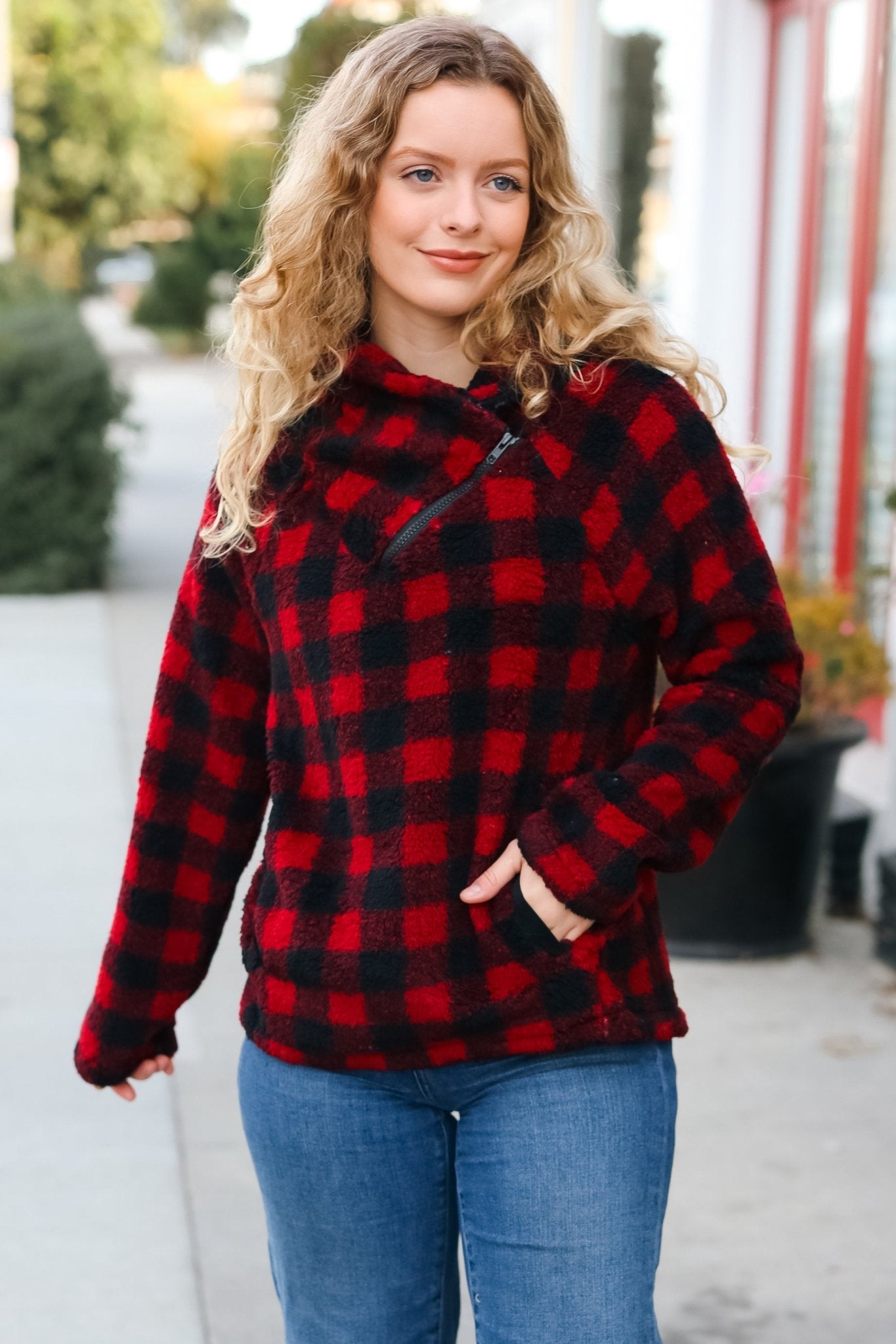 Cozy in Plaid Red Sherpa Sweater - Nikki and Co Boutique