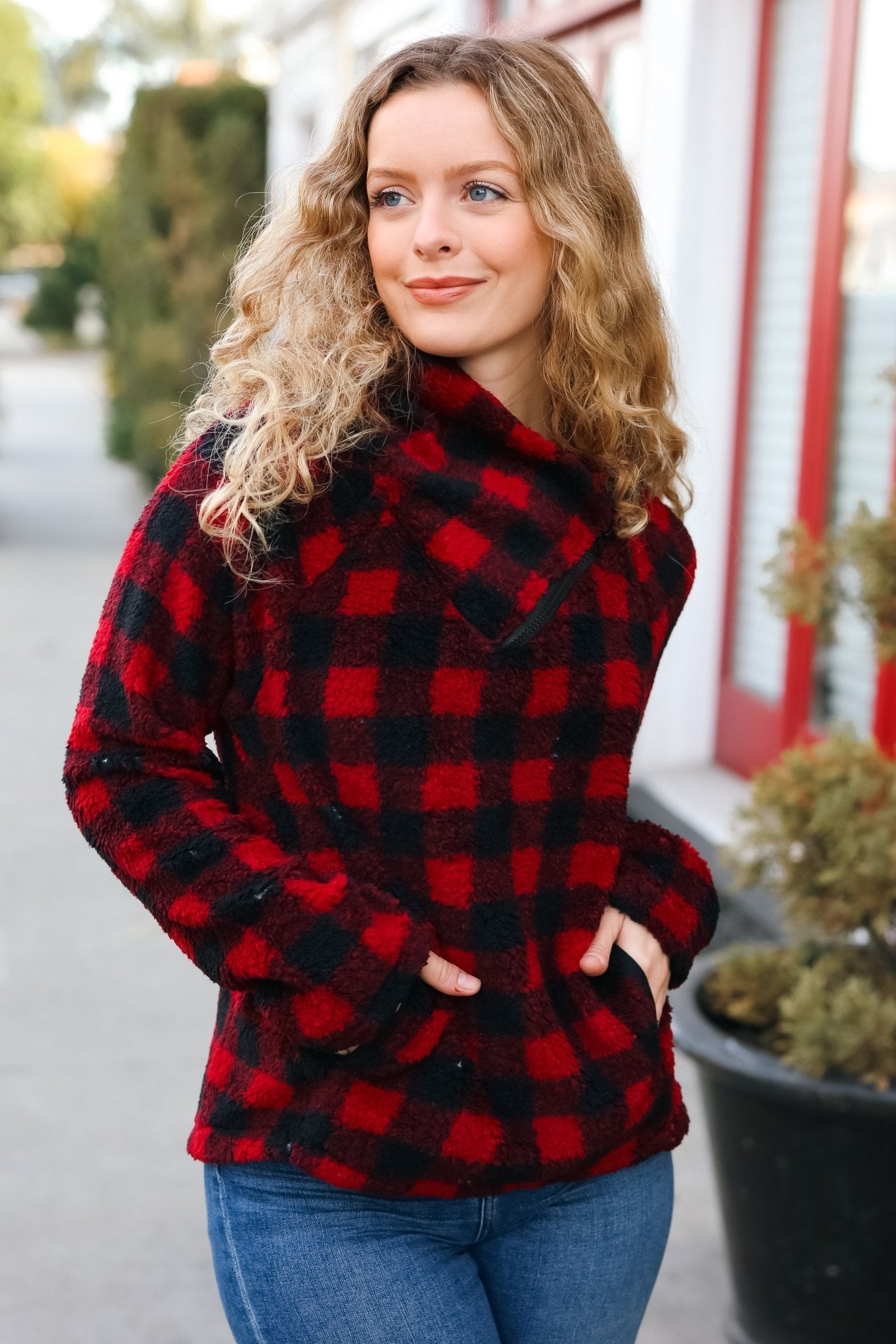 Cozy in Plaid Red Sherpa Sweater - Nikki and Co Boutique