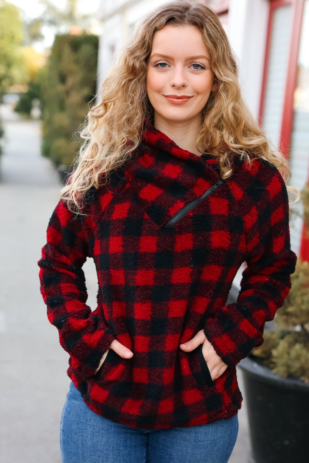Cozy in Plaid Red Sherpa Sweater | Nikki & Co. Boutique