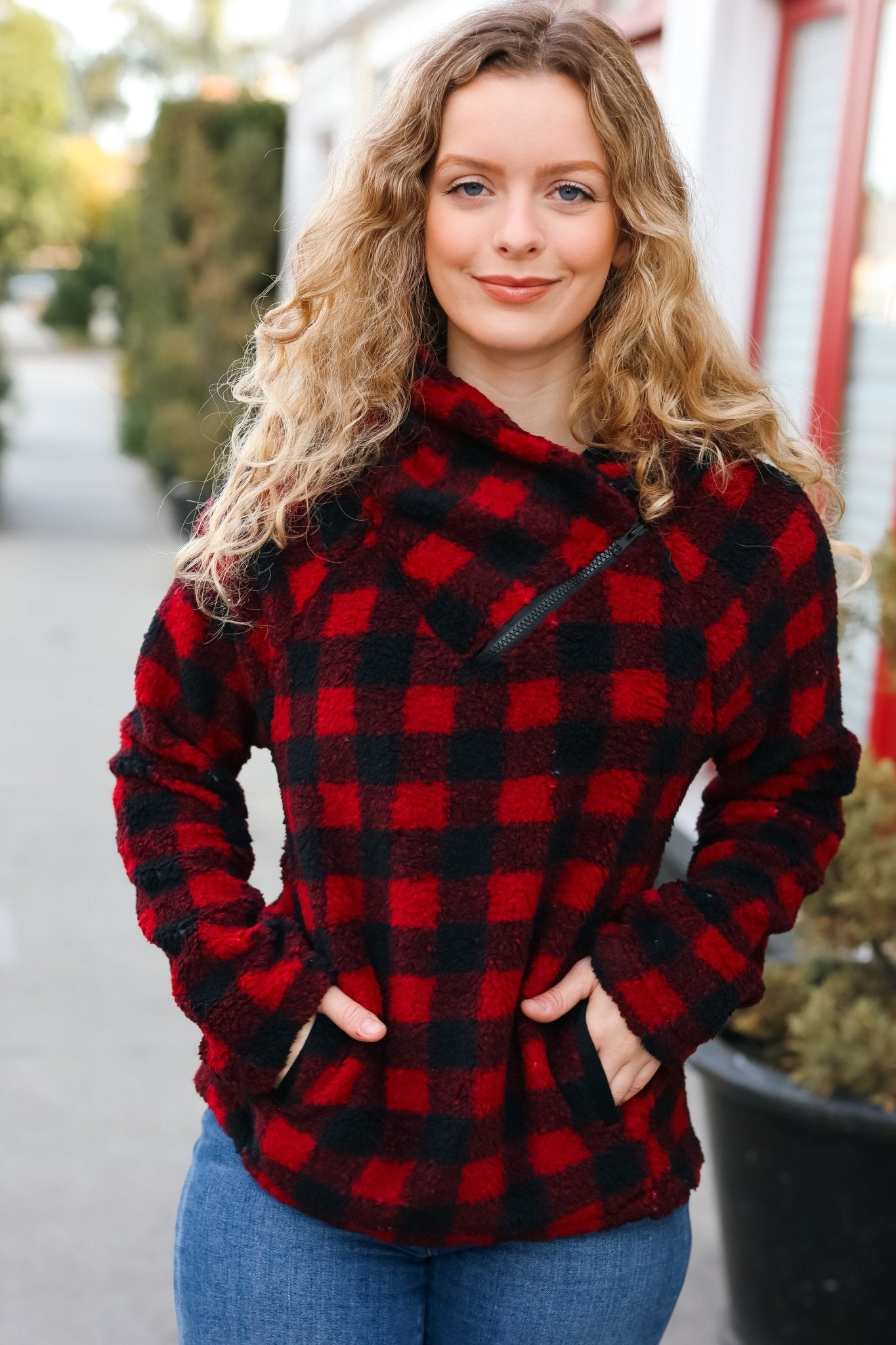 Cozy in Plaid Red Sherpa Sweater - Nikki and Co Boutique
