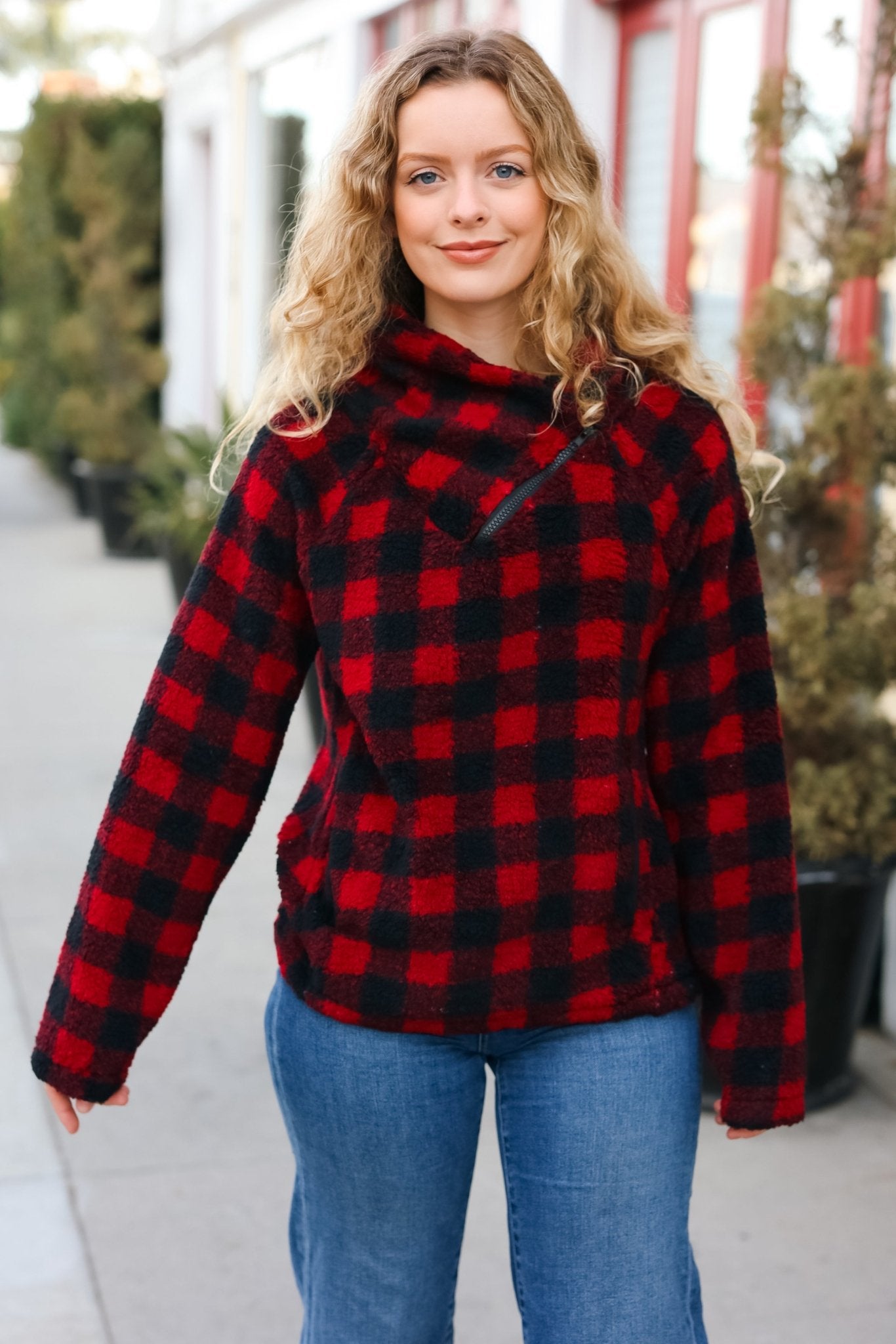 Cozy in Plaid Red Sherpa Sweater - Nikki and Co Boutique