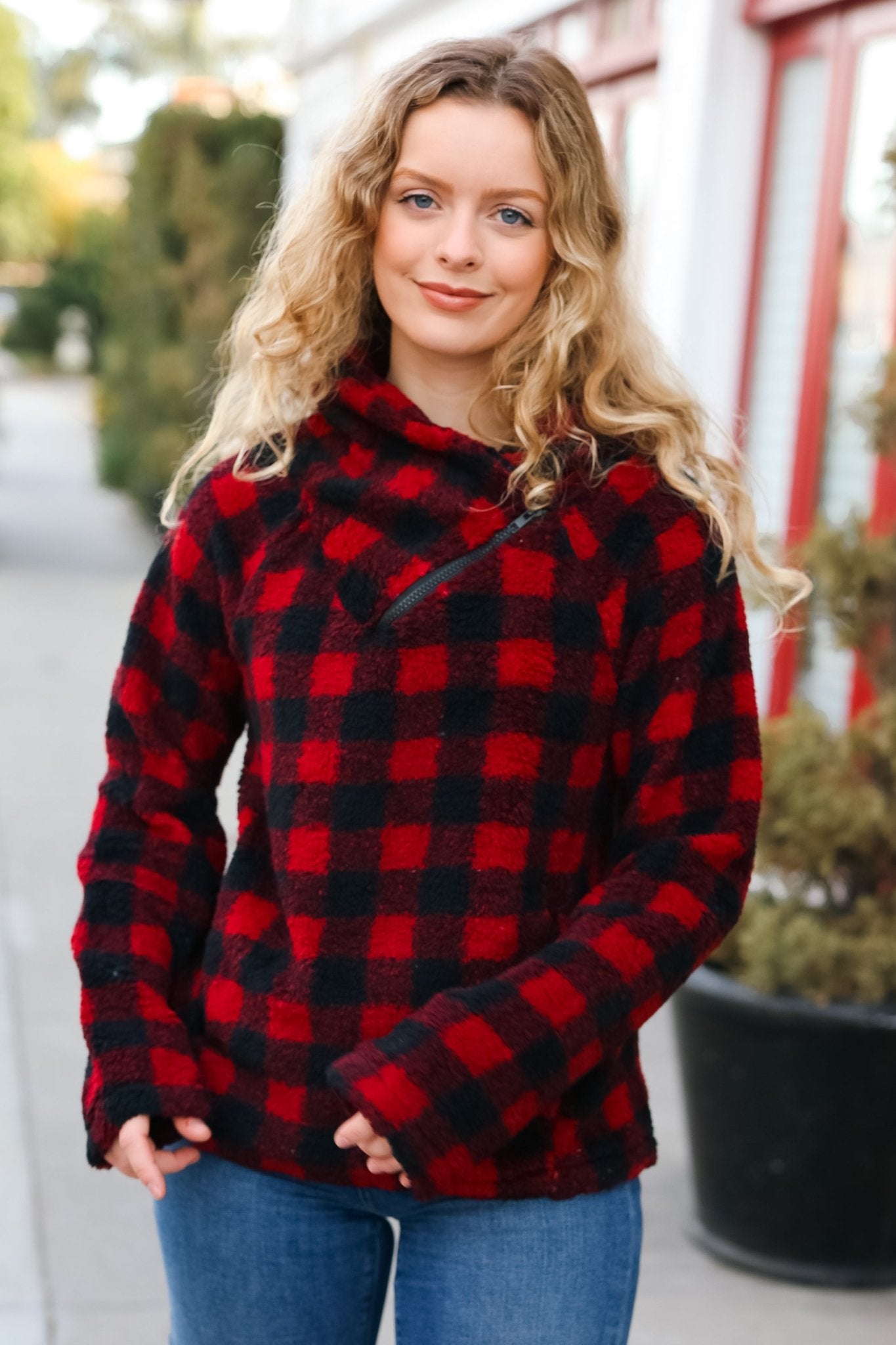 Cozy in Plaid Red Sherpa Sweater - Nikki and Co Boutique