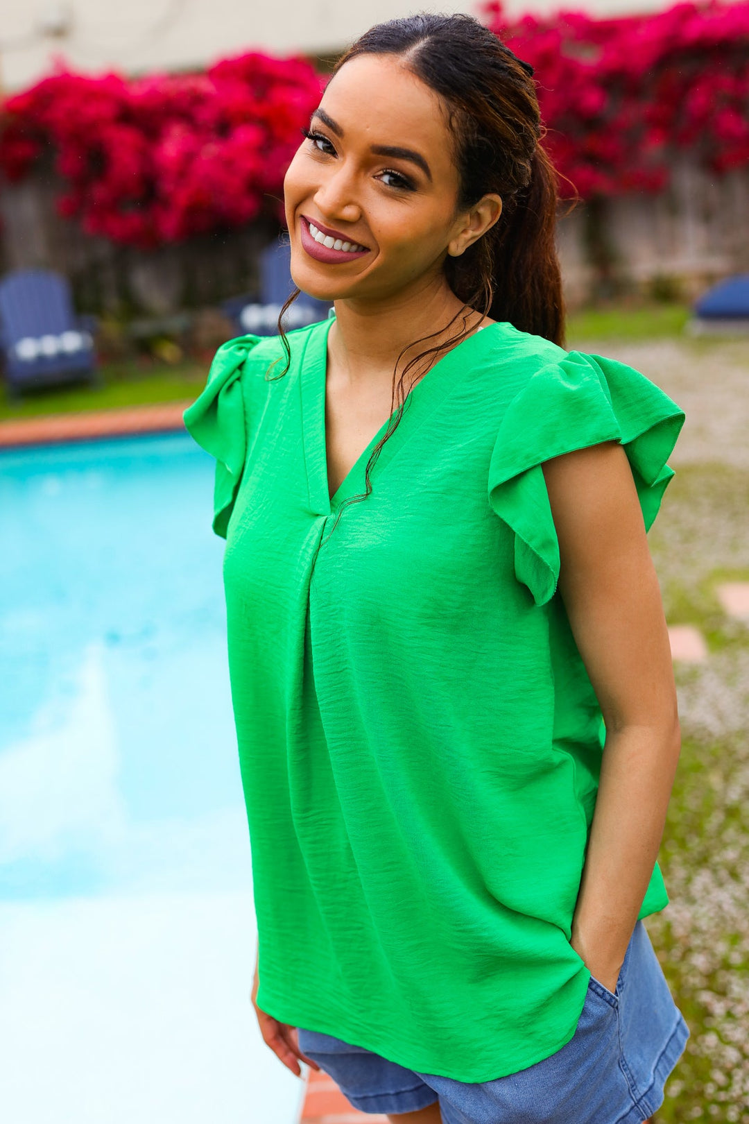 Sunny Days Kelly Green Banded V Neck Flutter Sleeve Tops | Nikki &amp; Co. Boutique