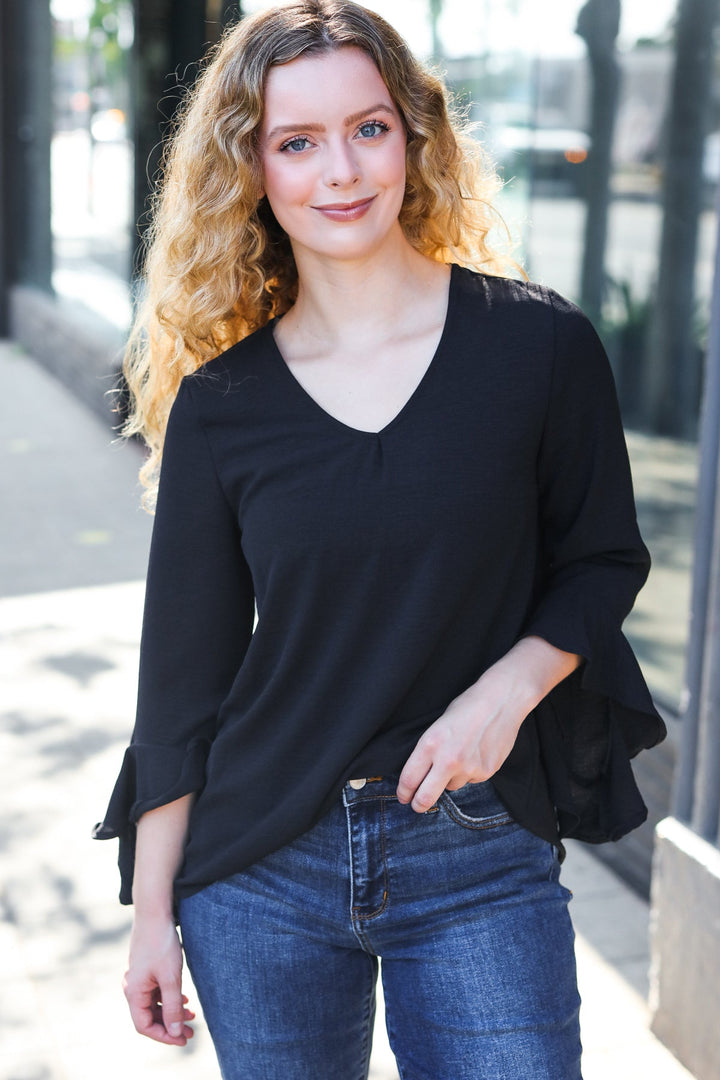 Falling In Love Black Hi-Lo Ruffle Sleeve Woven Tops | Nikki &amp; Co. Boutique