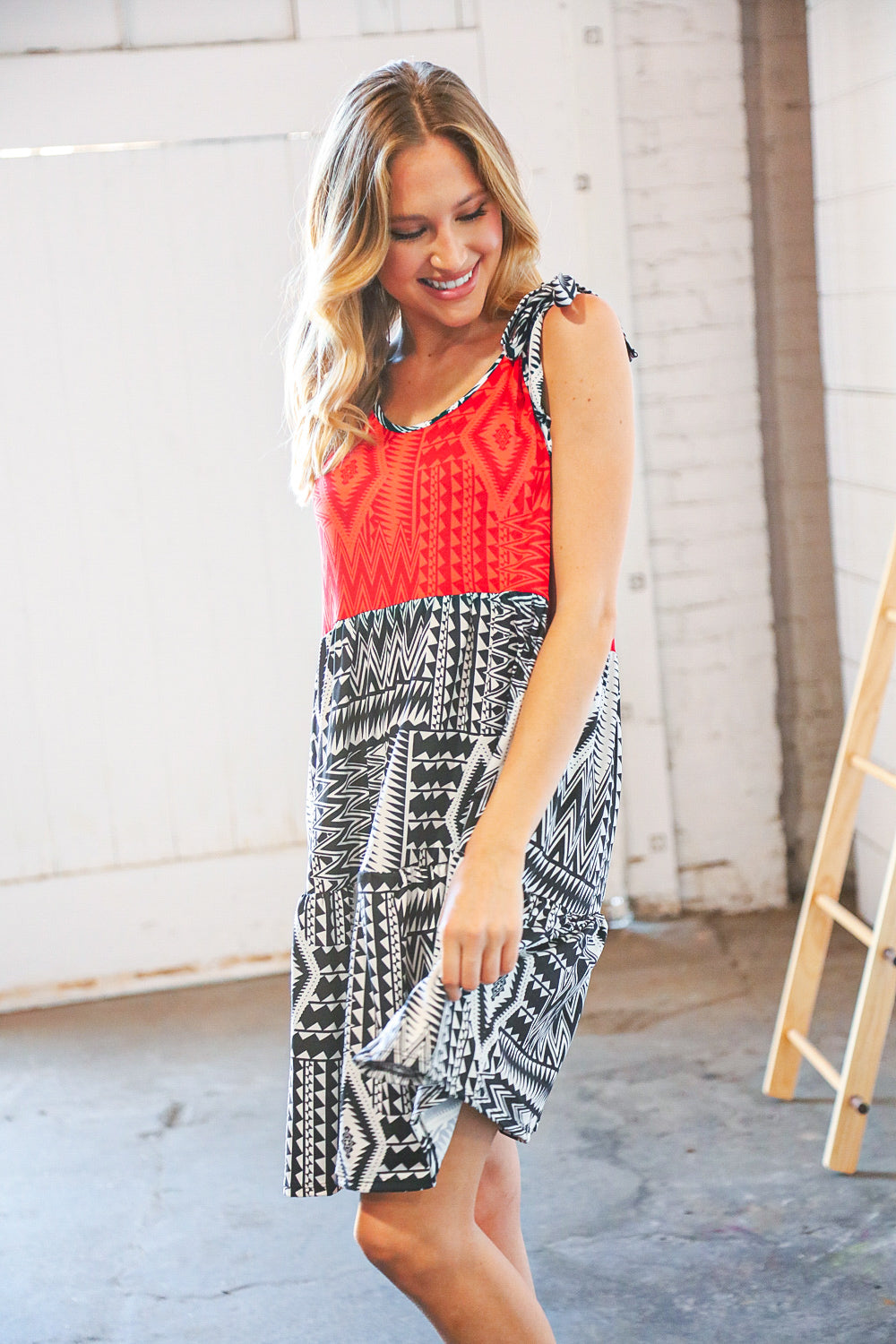 Red/Black Aztec Shoulder Tie Knot Tiered Dress | Nikki &amp; Co. Boutique