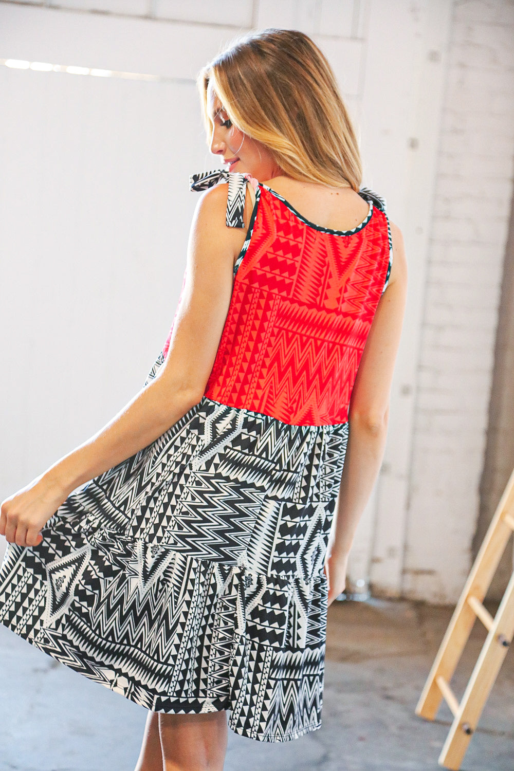 Red/Black Aztec Shoulder Tie Knot Tiered Dress | Nikki &amp; Co. Boutique