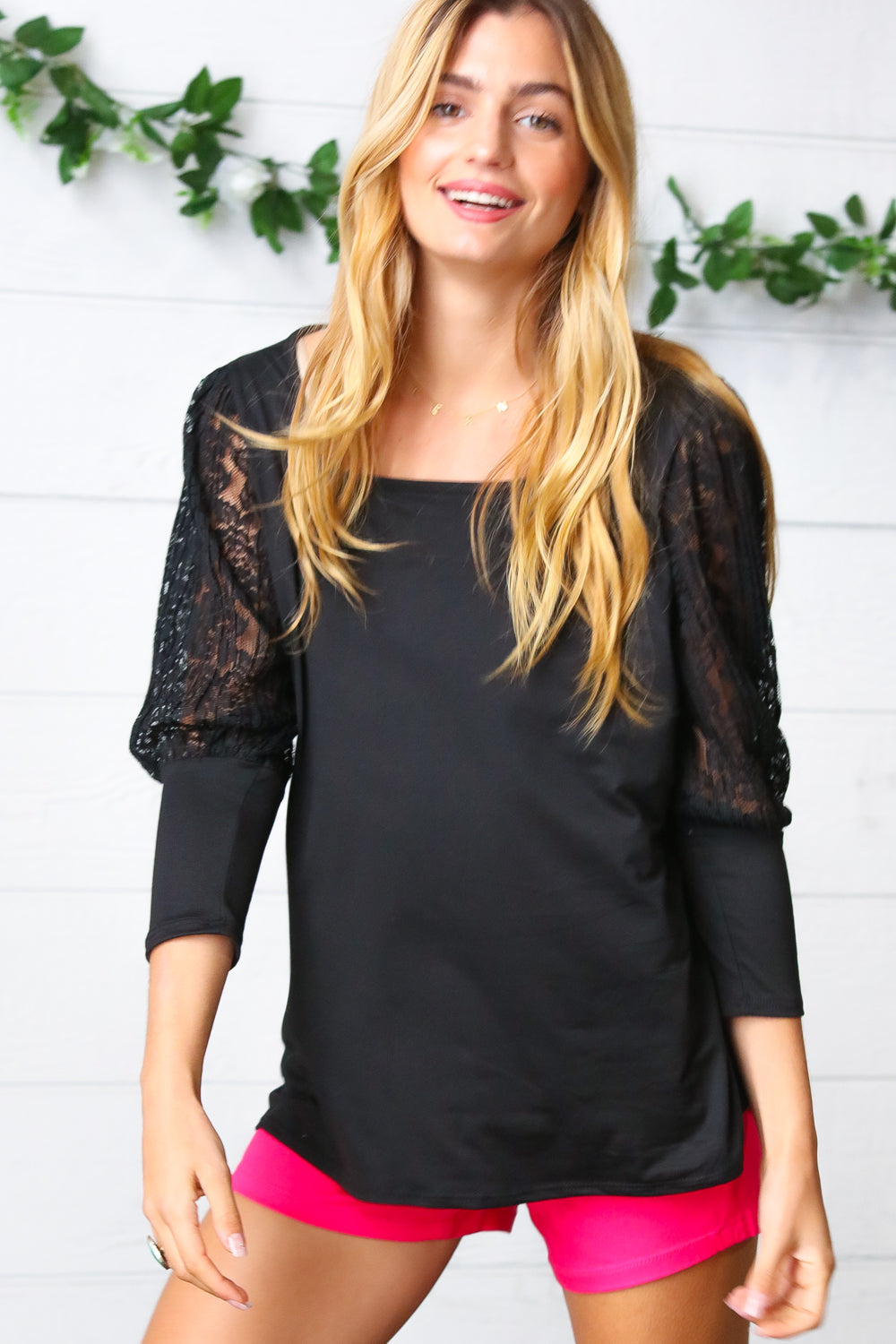 Black Lace Three Quarter Bubble Sleeve Tops | Nikki &amp; Co. Boutique