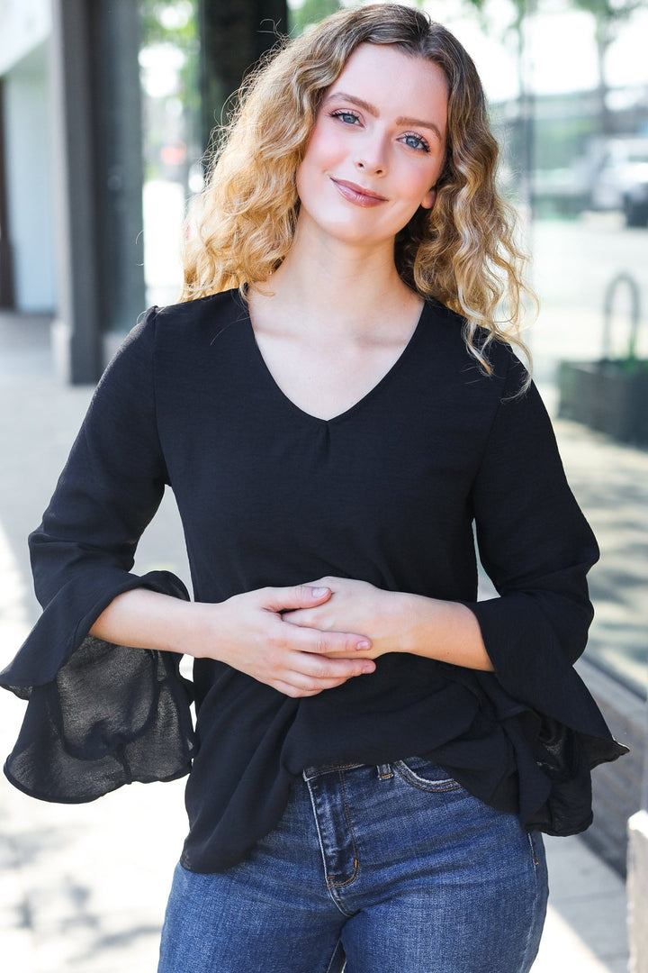 Falling In Love Black Hi-Lo Ruffle Sleeve Woven Tops | Nikki &amp; Co. Boutique