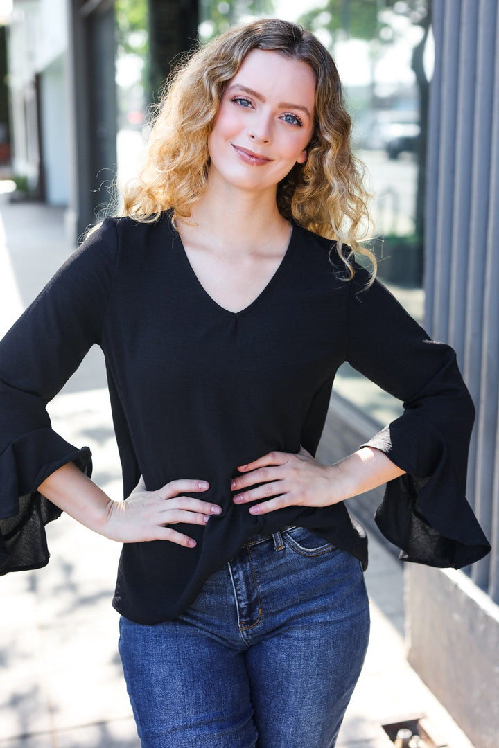 Falling In Love Black Hi-Lo Ruffle Sleeve Woven Tops | Nikki &amp; Co. Boutique