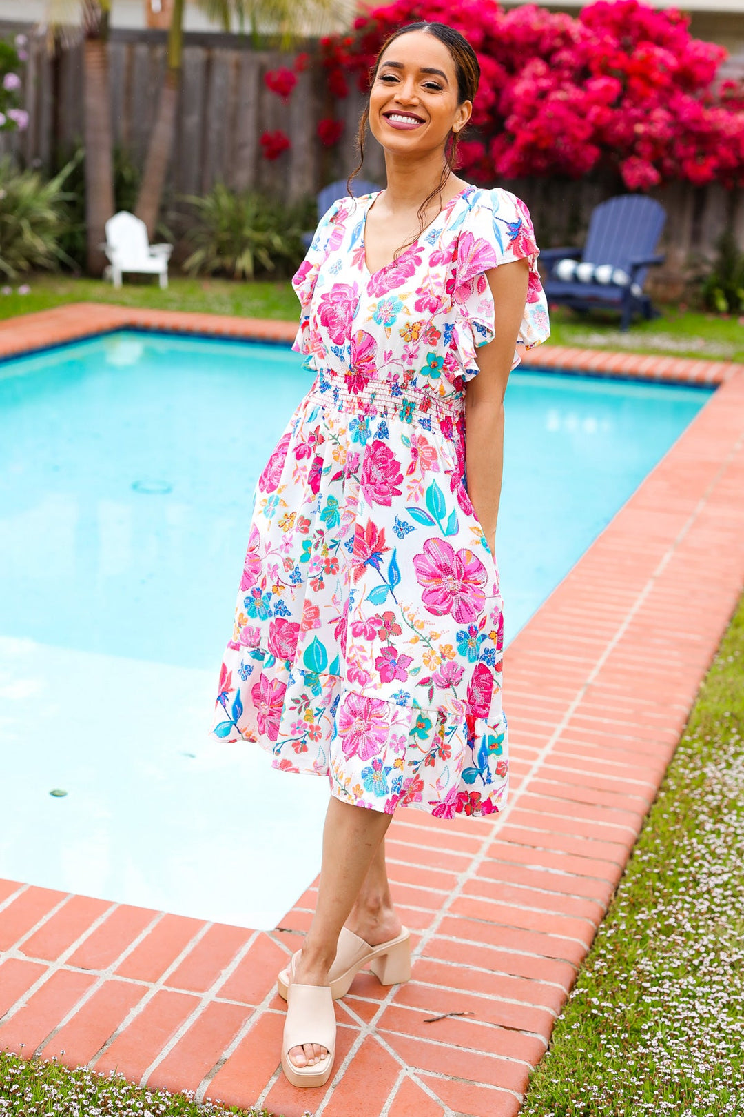 Hello Beautiful Ivory &amp; Fuchsia Floral Sequin Smock Waist Midi Dress | Nikki &amp; Co. Boutique