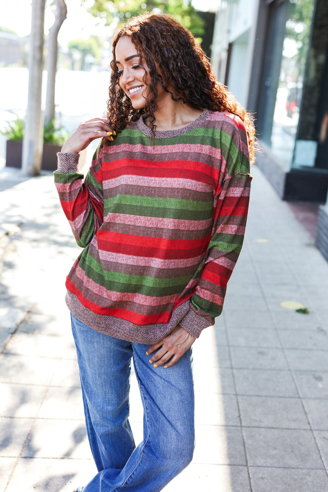 Perfectly You Olive &amp; Mauve Stripe Two-Tone Banded Sweater Top | Nikki &amp; Co. Boutique