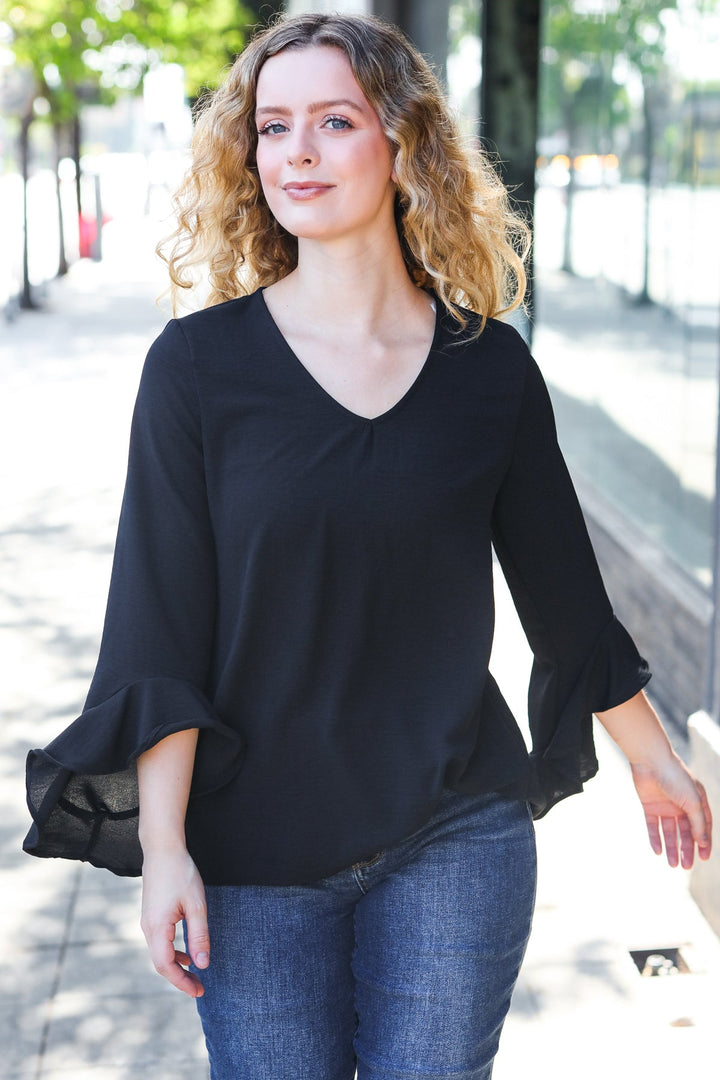Falling In Love Black Hi-Lo Ruffle Sleeve Woven Tops | Nikki &amp; Co. Boutique