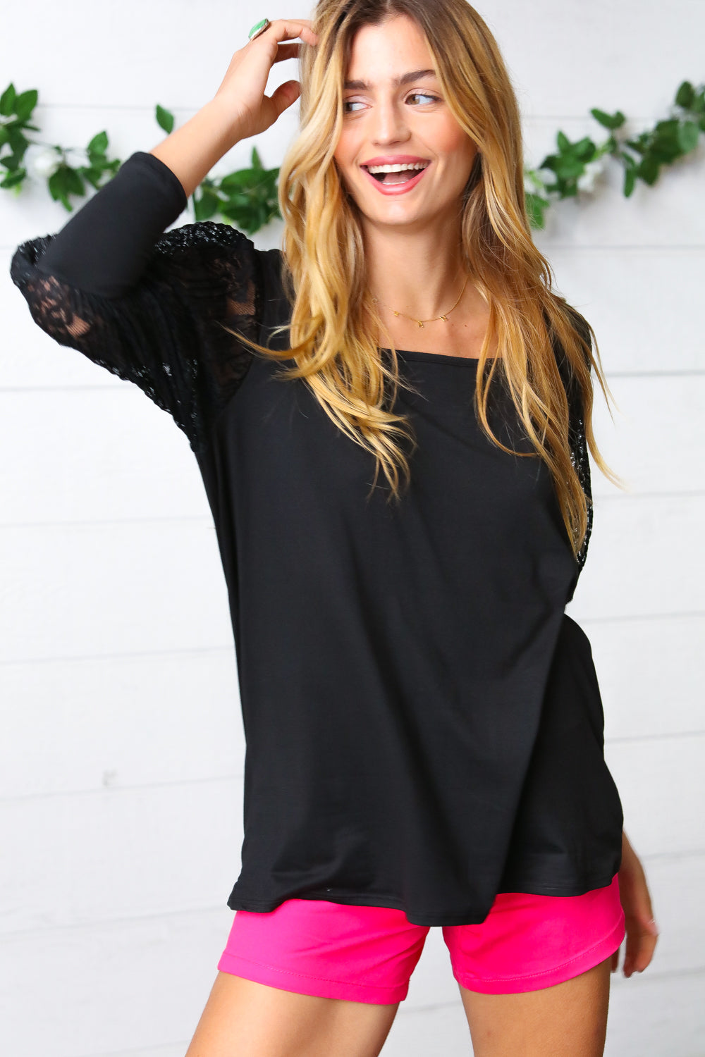 Black Lace Three Quarter Bubble Sleeve Tops | Nikki &amp; Co. Boutique