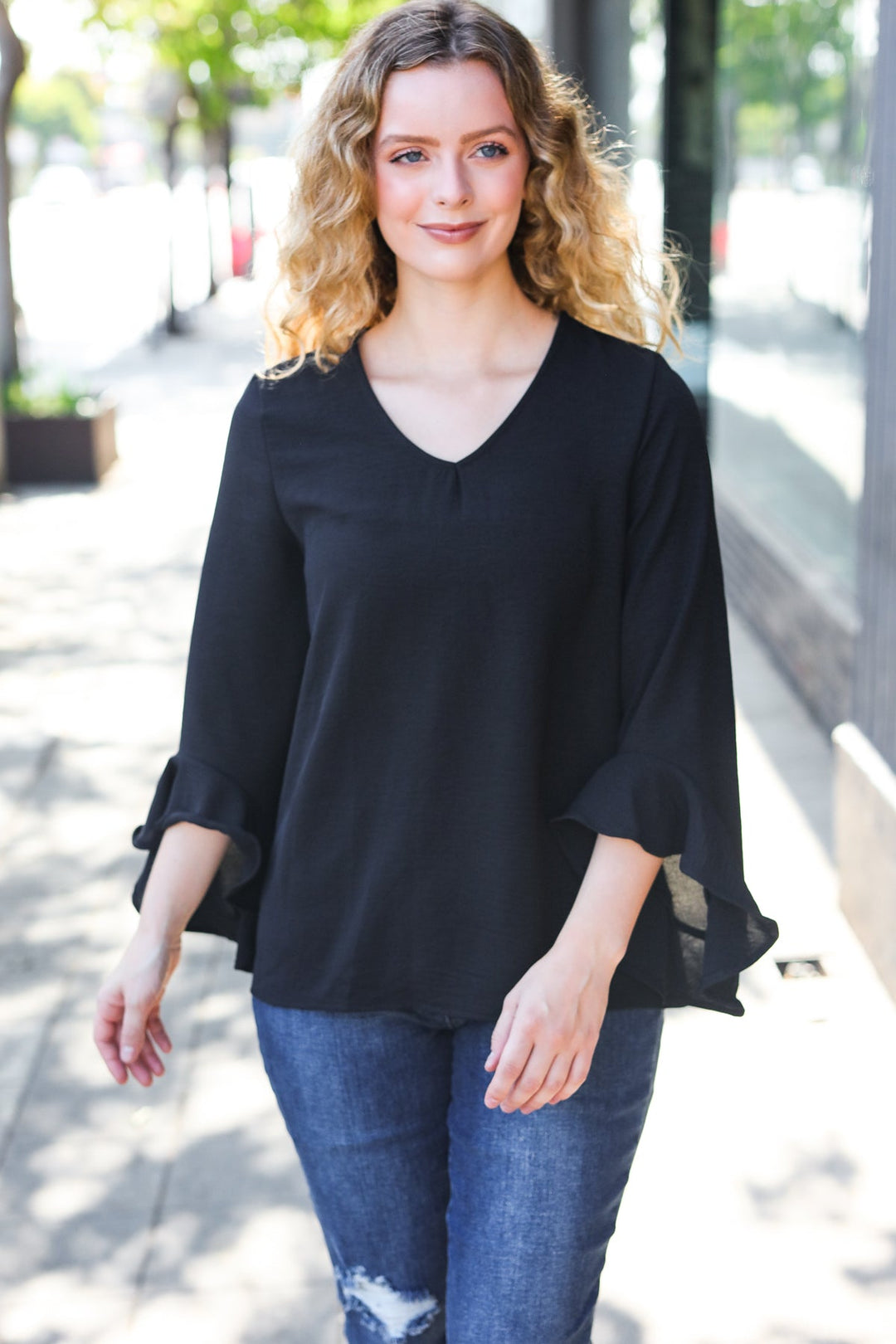 Falling In Love Black Hi-Lo Ruffle Sleeve Woven Tops | Nikki &amp; Co. Boutique