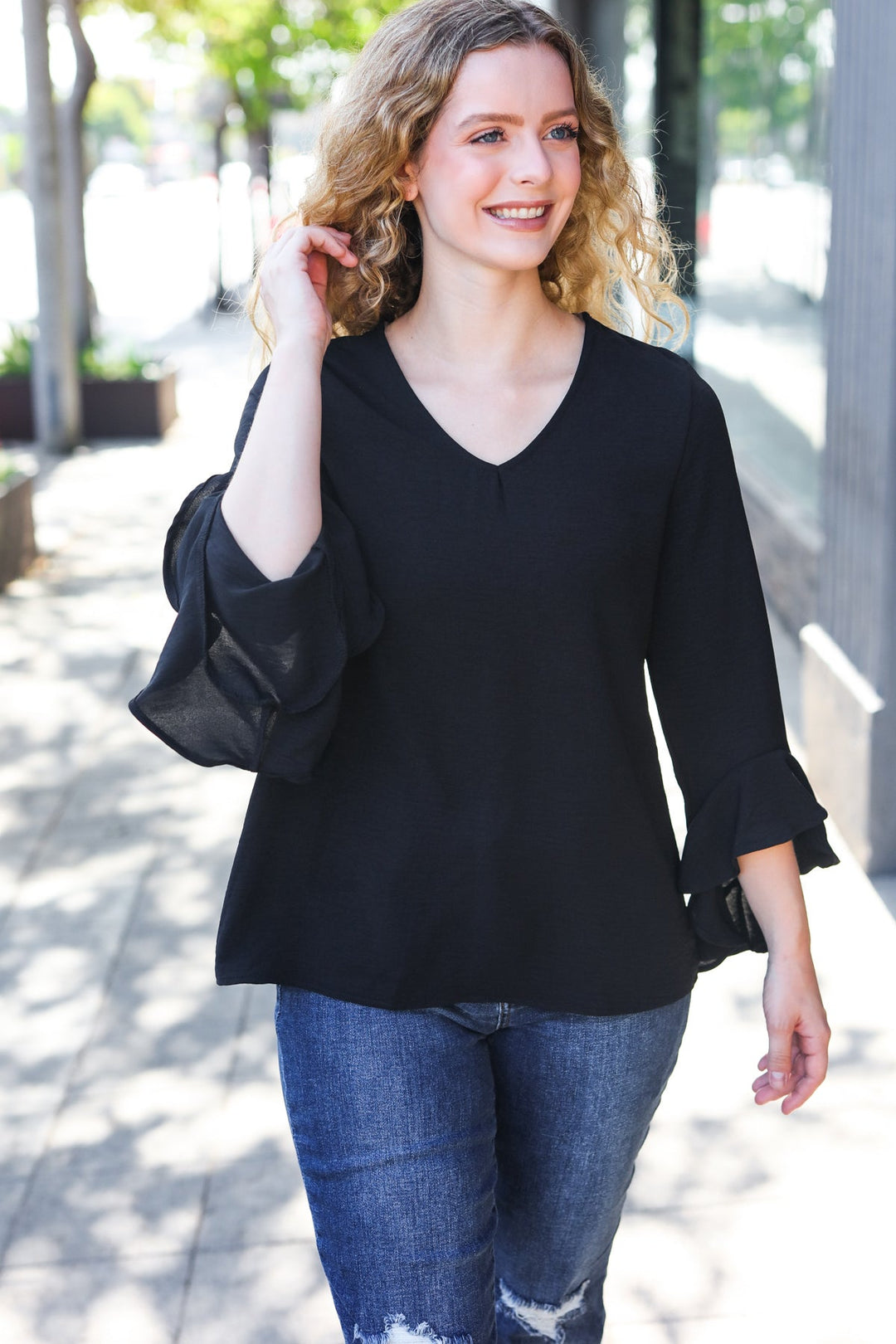 Falling In Love Black Hi-Lo Ruffle Sleeve Woven Tops | Nikki &amp; Co. Boutique