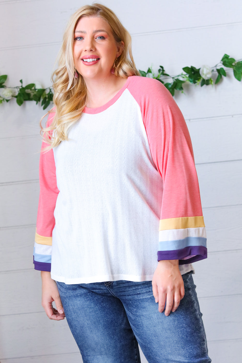 Pink Pointelle Color Block Wide Sleeve Pullover | Nikki &amp; Co. Boutique