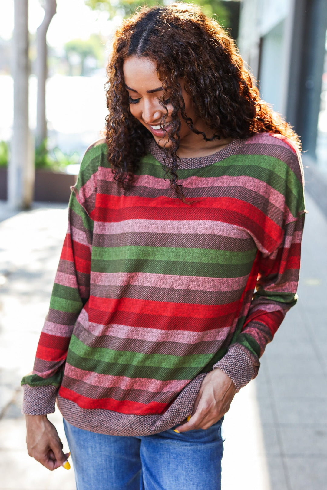 Perfectly You Olive &amp; Mauve Stripe Two-Tone Banded Sweater Top | Nikki &amp; Co. Boutique