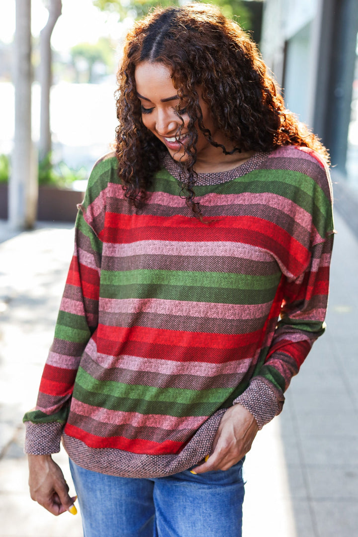 Perfectly You Olive &amp; Mauve Stripe Two-Tone Banded Sweater Top | Nikki &amp; Co. Boutique