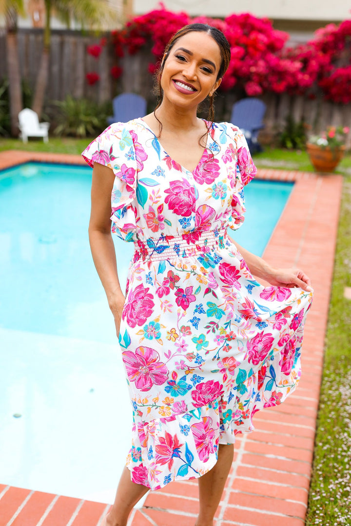 Hello Beautiful Ivory &amp; Fuchsia Floral Sequin Smock Waist Midi Dress | Nikki &amp; Co. Boutique