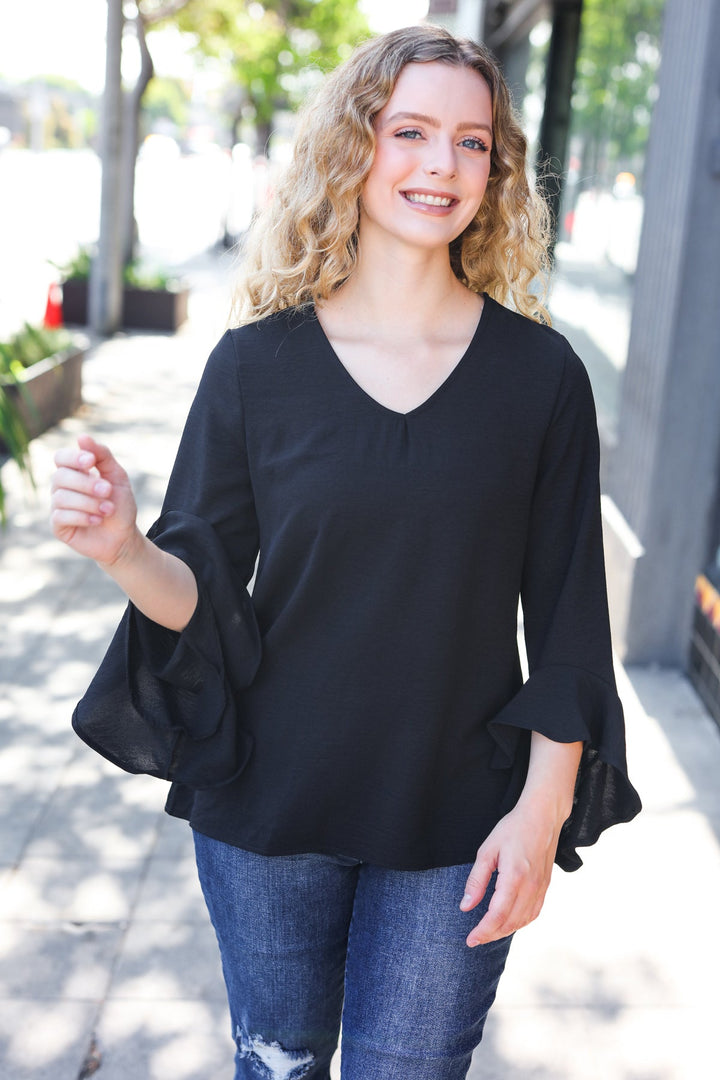 Falling In Love Black Hi-Lo Ruffle Sleeve Woven Tops | Nikki &amp; Co. Boutique