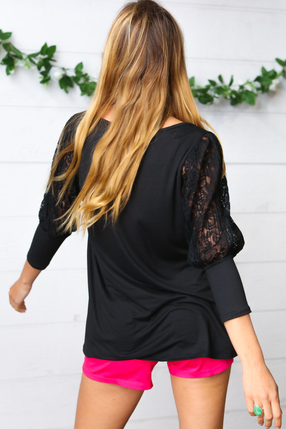 Black Lace Three Quarter Bubble Sleeve Tops | Nikki &amp; Co. Boutique