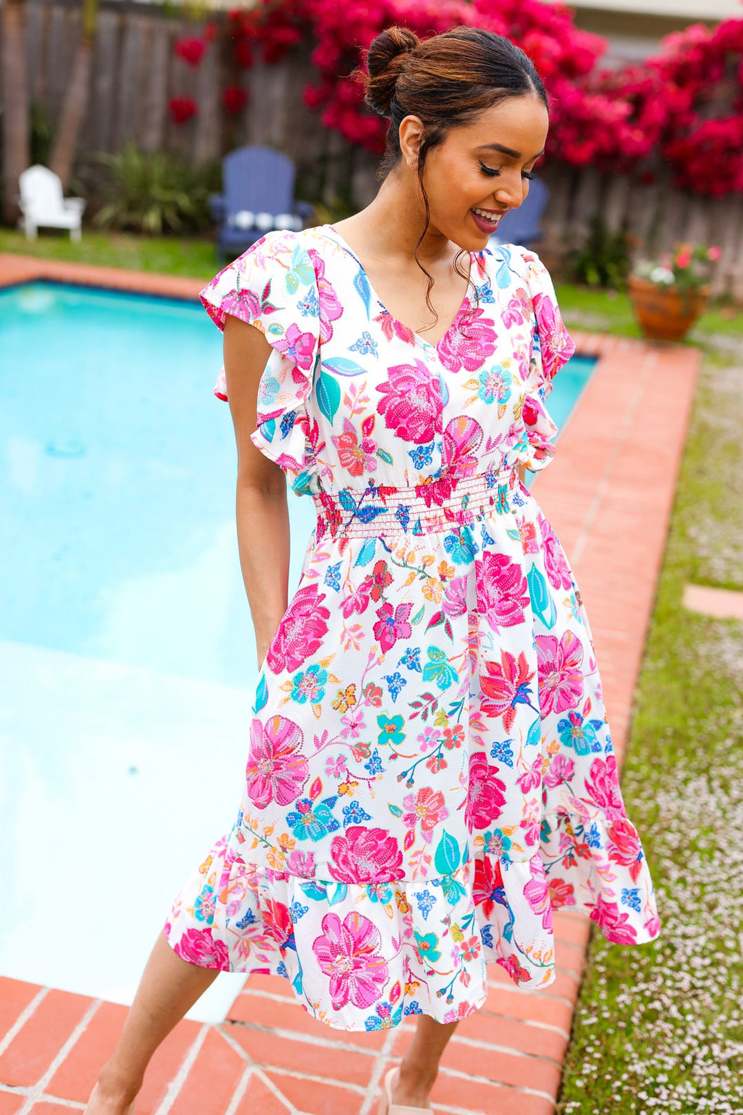 Hello Beautiful Ivory &amp; Fuchsia Floral Sequin Smock Waist Midi Dress | Nikki &amp; Co. Boutique