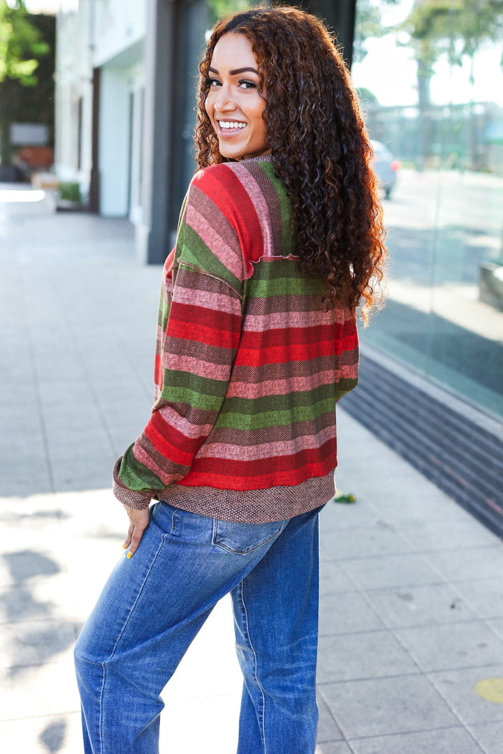 Perfectly You Olive &amp; Mauve Stripe Two-Tone Banded Sweater Top | Nikki &amp; Co. Boutique