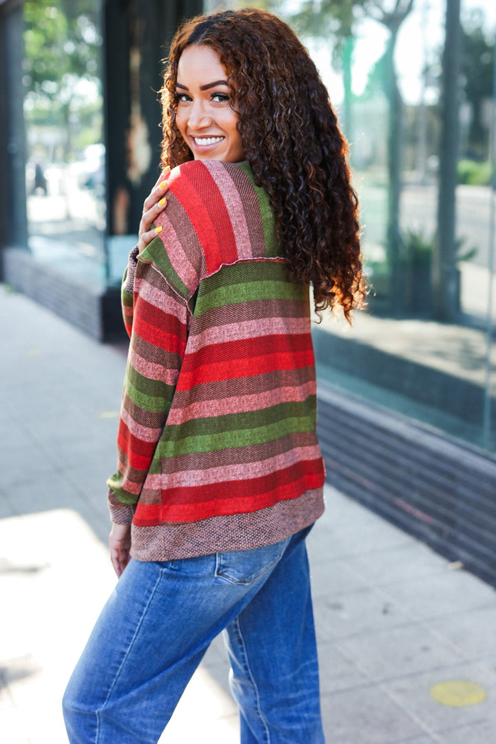 Perfectly You Olive &amp; Mauve Stripe Two-Tone Banded Sweater Top | Nikki &amp; Co. Boutique
