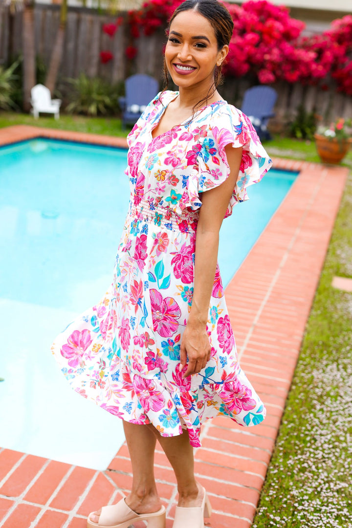 Hello Beautiful Ivory &amp; Fuchsia Floral Sequin Smock Waist Midi Dress | Nikki &amp; Co. Boutique
