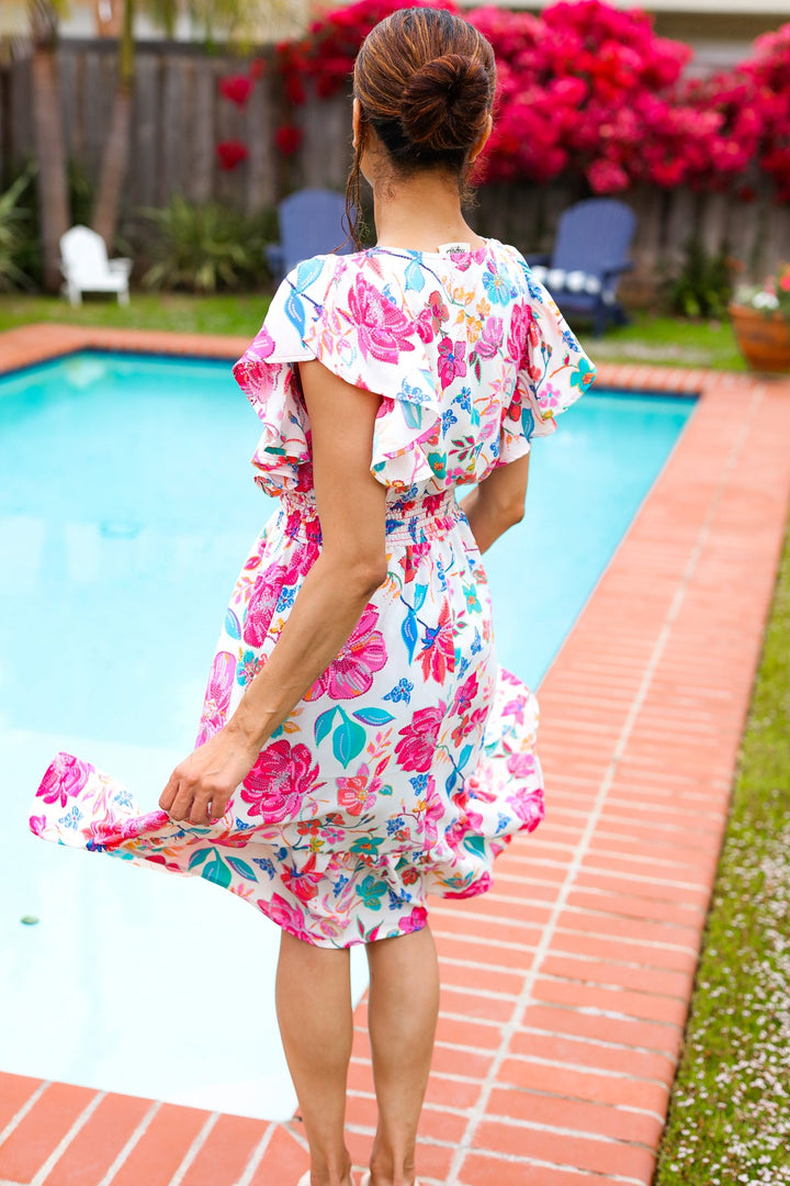 Hello Beautiful Ivory &amp; Fuchsia Floral Sequin Smock Waist Midi Dress | Nikki &amp; Co. Boutique