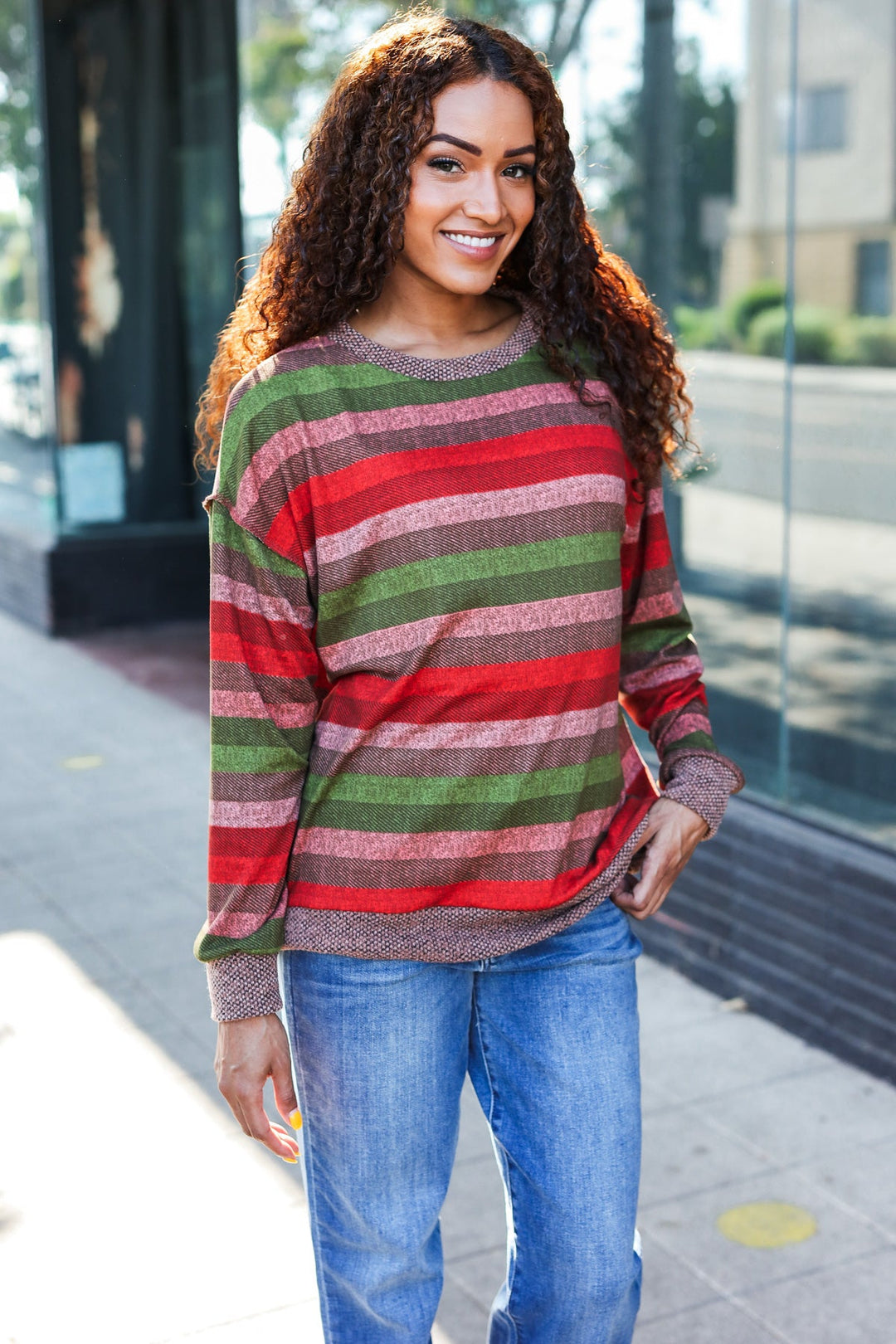 Perfectly You Olive &amp; Mauve Stripe Two-Tone Banded Sweater Top | Nikki &amp; Co. Boutique