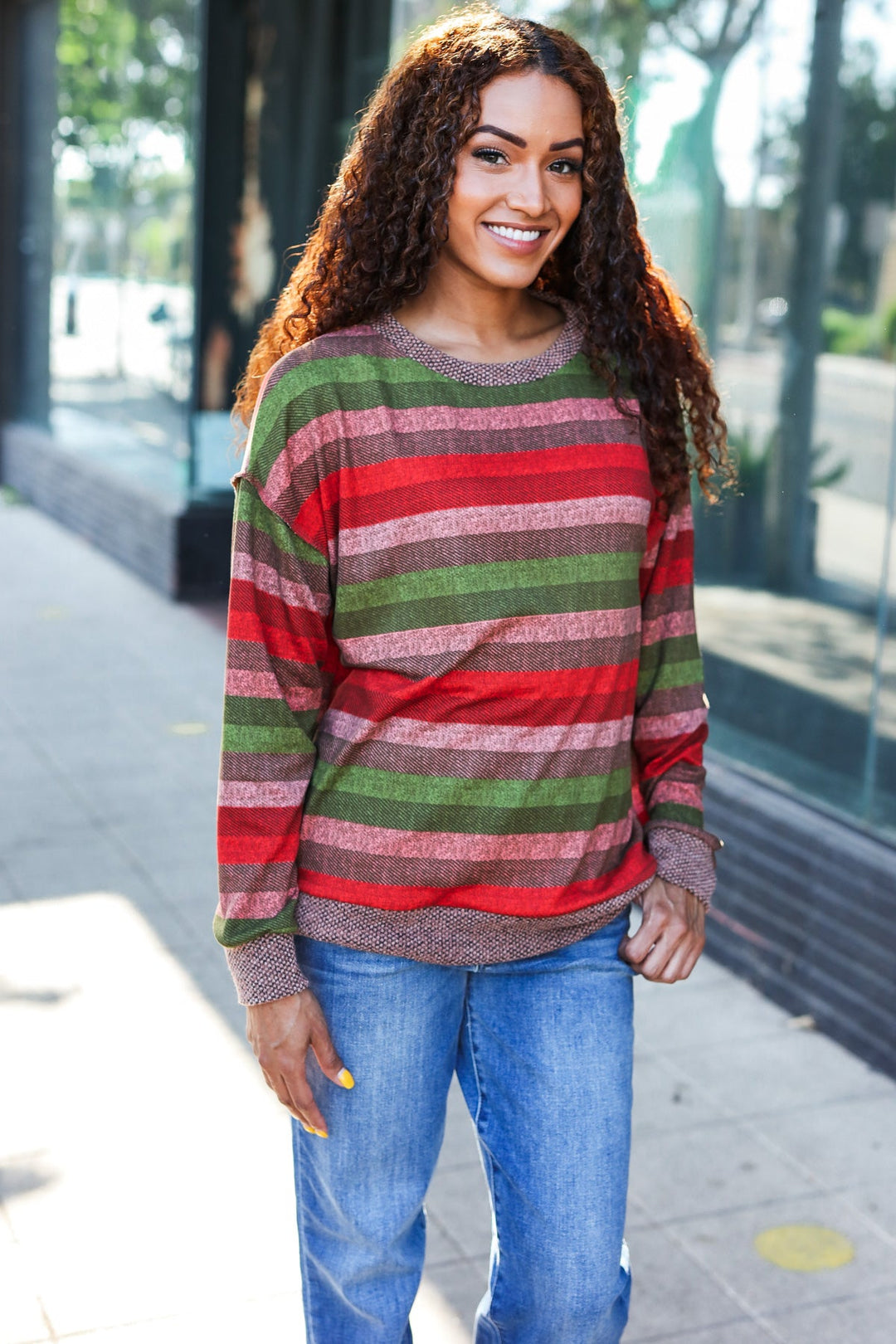 Perfectly You Olive &amp; Mauve Stripe Two-Tone Banded Sweater Top | Nikki &amp; Co. Boutique